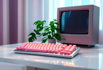 Old computer and illuminated pink keyboard on a modern desk