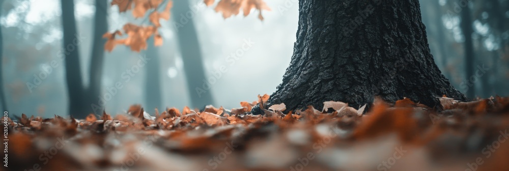 Poster majestic tree trunk rising in an autumnal forest, surrounded by a thick carpet of warm orange leaves