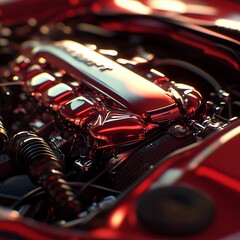 Fototapeta premium Close-up of Red Car Engine Bay Bathed in Sunlight