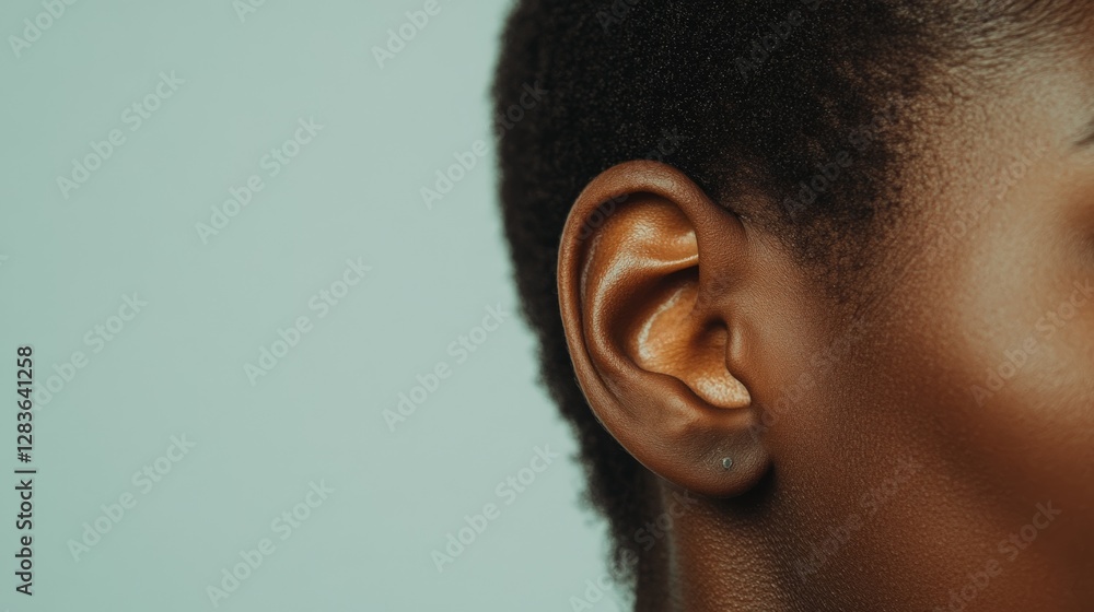 Poster capturing intricate details of a human ear in extreme close up, emphasizing its role in sound percep