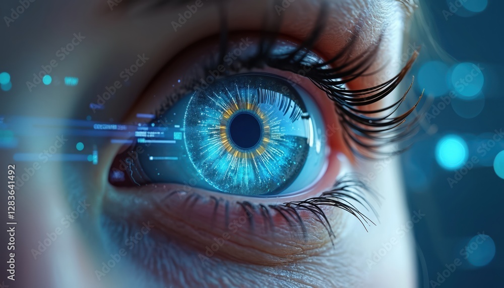Fototapete Close-up of eye with futuristic tech interface, digital scanning, biometric data, augmented reality lens. Innovation in cyber security, access identification, virtual cyberspace, AI technologies,