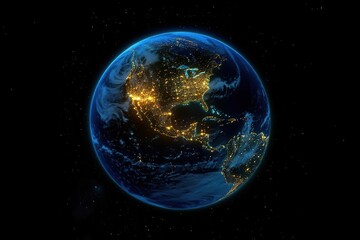 Fototapeta premium holographic 3d earth projection floating in dark space glowing with data points and connection lines showing global network