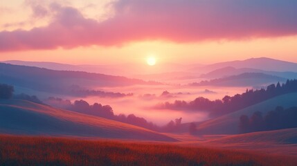 Obraz premium Sunrise over a misty valley with rolling hills and golden fields.