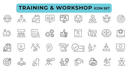 Business training and workshop icon collection. Training, coaching, mentoring, education, meeting, conference, teamwork, problem solving icon set. Business Workshop line icons set.