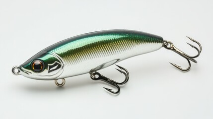 Shiny green fishing lure with dual treble hooks on white background