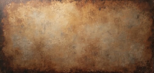 Grunge texture of old brown metal with dark earthy tones. Vintage antique distressed fresco paint wall. Stained canvas background. Retro rustic weathered design with rust eaten overlay, dark borders.