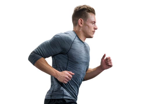 A male athlete running on a treadmill, sweating and focused, isolated on transparent background PNG