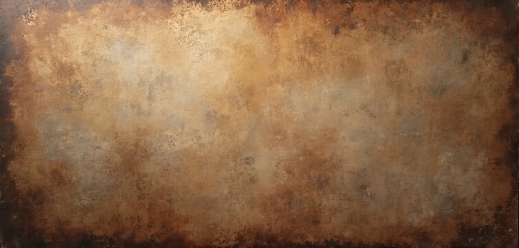 Grunge texture of old brown metal with dark earthy tones. Vintage antique distressed fresco paint wall. Stained canvas background. Retro rustic weathered design with rust eaten overlay, dark borders.