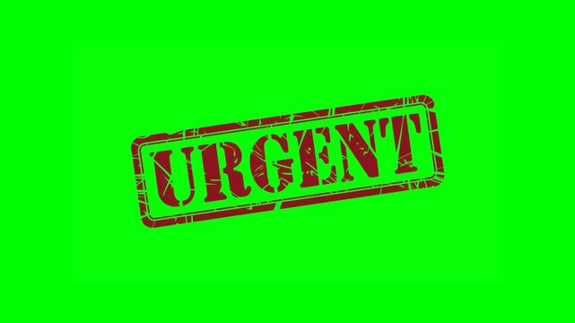Animated "URGENT" rubber stamp seal with bold red text, featuring a zoom and hit effect on a green screen background for emergency notices, priority messages, and important alerts.