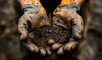 Obraz premium Farmer's hands holding soil sample, outdoor background, agriculture