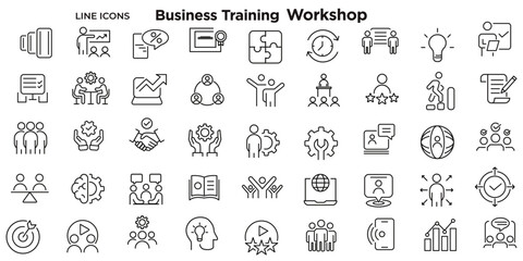 Business training and workshop icon collection. Training, coaching, mentoring, education, meeting, conference, teamwork, problem solving icon set. Business Workshop line icons set.