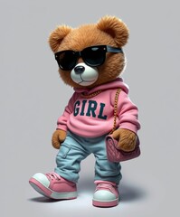 illustration of a female teddy bear wearing a pink dress and glasses