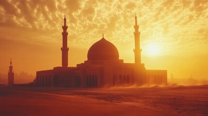 Majestic Mosque Silhouette Against a Golden Sunset Sky