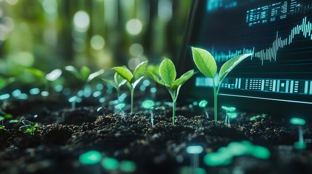 A futuristic financial dashboard with real-time trading data, candlestick charts, and analytics floating above a green ecosystem with fresh seedlings sprouting from the soil, representing eco-friendly - Powered by Adobe