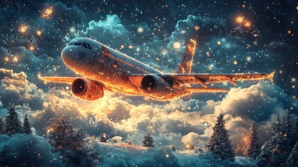 Whimsical journey of a decorated airplane in a snowy night sky