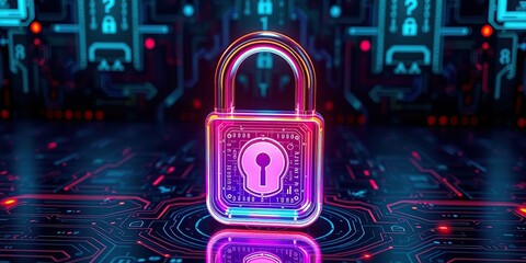 An image representing internet security. A three-dimensional, transparent padlock icon with an iridescent, glossy finish in rainbow colors. A dark, black background.