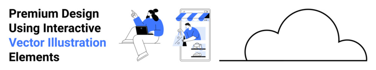 Business professional with laptop, digital storefront, and cloud element. Ideal for business, technology, innovation, e-commerce, marketing, collaboration flat landing page banner