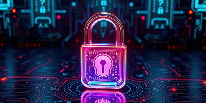 An image representing internet security. A three-dimensional, transparent padlock icon with an iridescent, glossy finish in rainbow colors. A dark, black background.