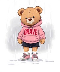 illustration of a female teddy bear wearing a pink hoodie