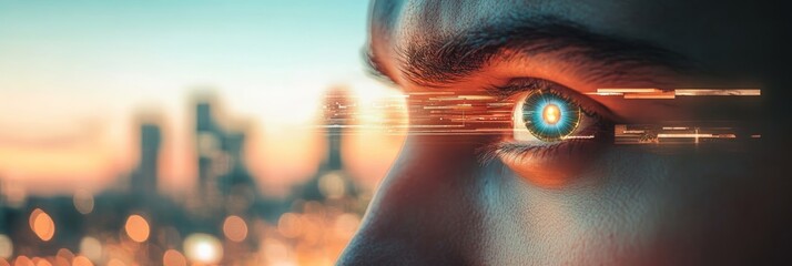 Close up of a man's eye featuring futuristic vision technology scanning data streams against a blurred cityscape at sunset, highlighting augmented reality and advanced ophthalmology