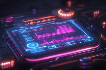 holographic financial data visualization with glowing charts and graphs floating in dark space with neon highlights and clean modern interface