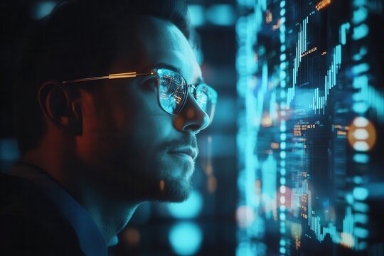 holographic financial data projections surrounding contemplative businessman glowing charts and graphs float in dark space with blue accent lighting