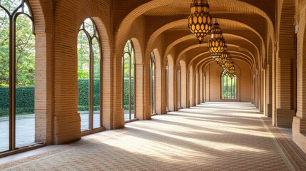 Obraz premium Serene Architectural Passage with Arched Windows and Unique Lanterns