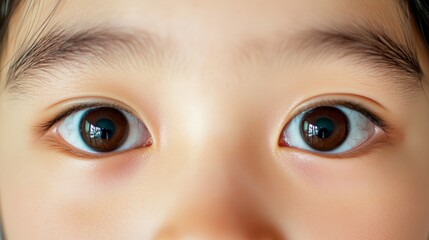 Close up view of a child's brown eyes, highlighting the details of the iris, pupil, and surrounding skin, emphasizing healthy vision and the delicate structure of eyelids