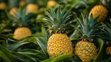 Obraz premium Pineapple Plantation with Ripe Fruits and Green Leaves Growing Naturally