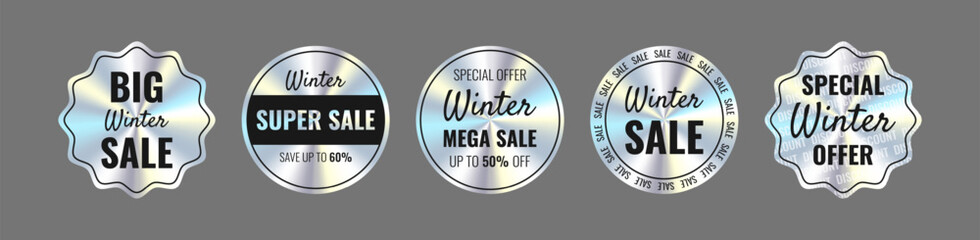 Tags and stickers with holographic effect: Winter Sale, Super Sale, Special Offer, Up to 50-60% Off. Hologram various geometric shapes.

