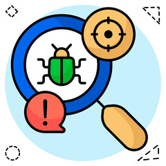 Virus under magnifying glass, debugging icon