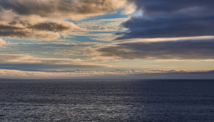 Dark cloudy sky at sunset over the ocean