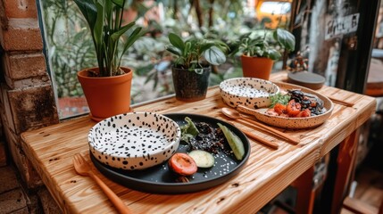 Trendy Cafe Food Presentation: Delicious Healthy Meal on a Wooden Table