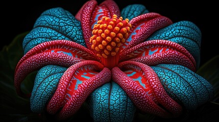 Fototapeta premium Vibrant exotic flower closeup, dark background, nature photography, botanical illustration