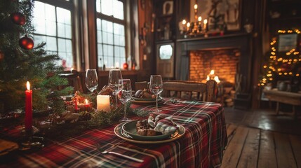 Festive Christmas dinner table setting near fireplace