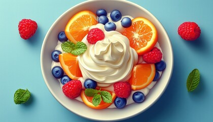 Delicious Fruit Dessert Bowl with Whipped Cream and Mint Top View