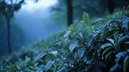 Fototapeta premium Tea Leaves After Rain with Water Droplets in Misty Forest Setting