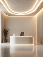 Acoustic ceiling sound absorb. A sleek, modern reception area with ambient lighting, minimalist decor, and a small plant, creating a welcoming atmosphere.