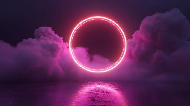 Neon circle with clouds in dreamy purple scenery, a surreal scene