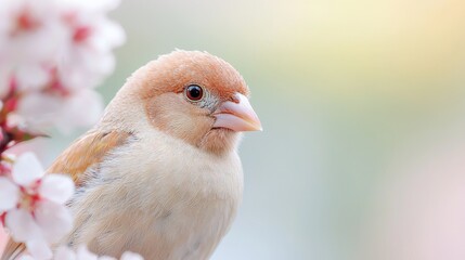 Bird perched on blooming branch, spring scene