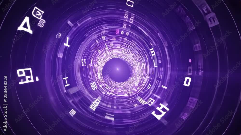 Poster exploration of digital vortex with swirling data patterns in a vibrant purple color scheme