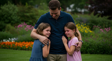 Fototapeta premium A man comforting two young girls in a garden, with colorful flowers in the background. The girls appear emotional, and the man is hugging them gently, providing support.