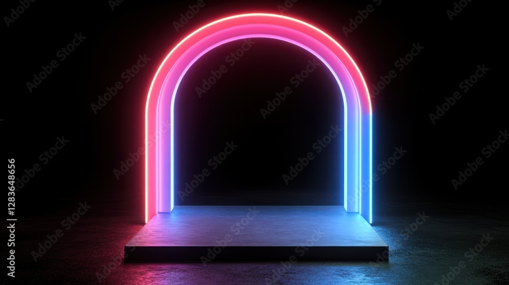 Poster illuminated neon archway on a dark stage setting for product display