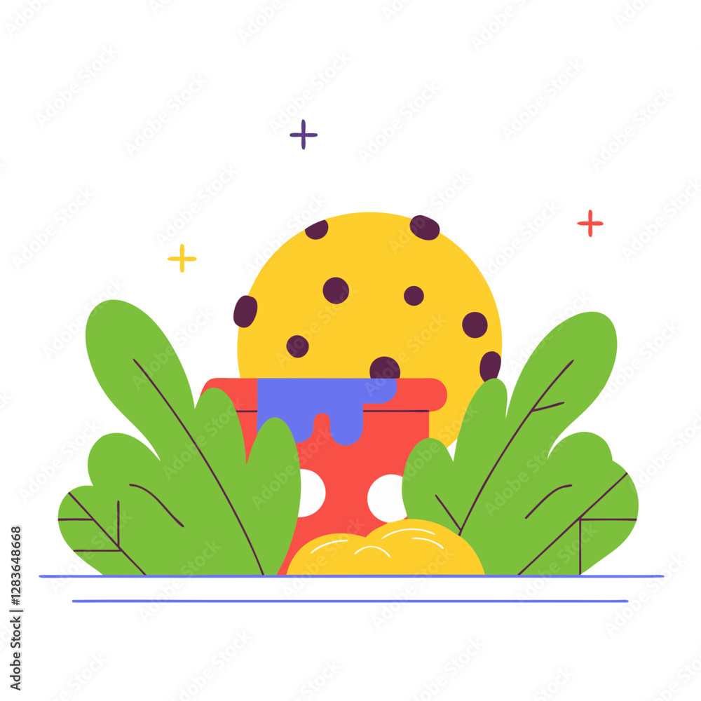 Poster a whimsical chocolate chip cookie with dripping icing, placed in a decorative setting with leaves. m