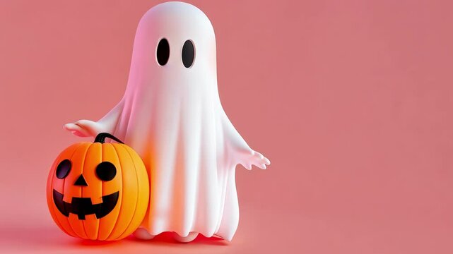 Cute white ghost holding a small jack-o'-lantern, waving with one hand, set against a solid orange background, evoking a friendly Halloween spirit.