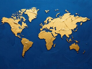 A golden world map on a blue background, showcasing continents in an artistic and textured design.