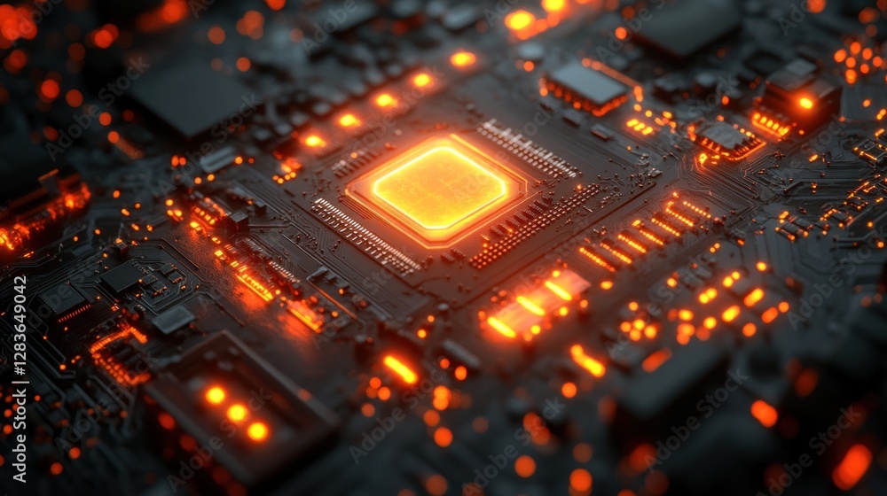 Poster detailed macro shot of an illuminated computer motherboard showcasing intricate circuitry and glowin