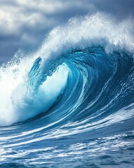 Obraz premium Ocean's Embrace: A towering, majestic wave curls and crashes with raw power, its turquoise depths illuminated under a dramatic, stormy sky. Witness the raw power and beauty of the ocean's artistry.
