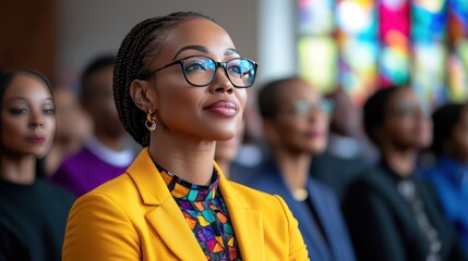 An elegant woman is looking up during a gathering