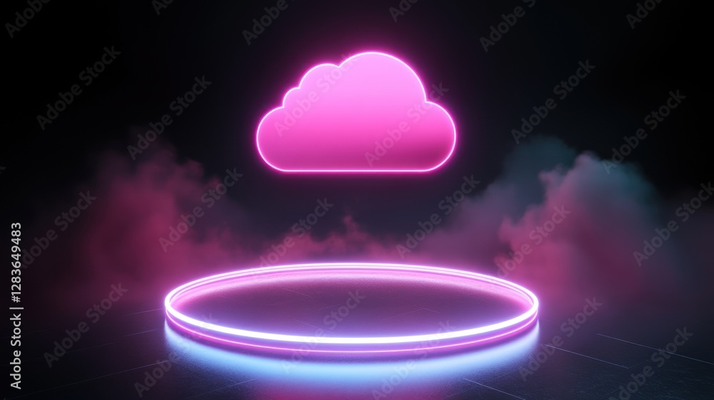 Poster futuristic cloud computing concept with neon cloud and podium display